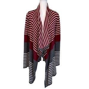 Mystree Red and Gray Cozy Striped Waterfall Open Cardigan - Women’s XSmall